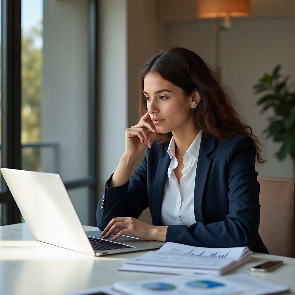 Person studying financial instruments at a modern desk with charts and documents