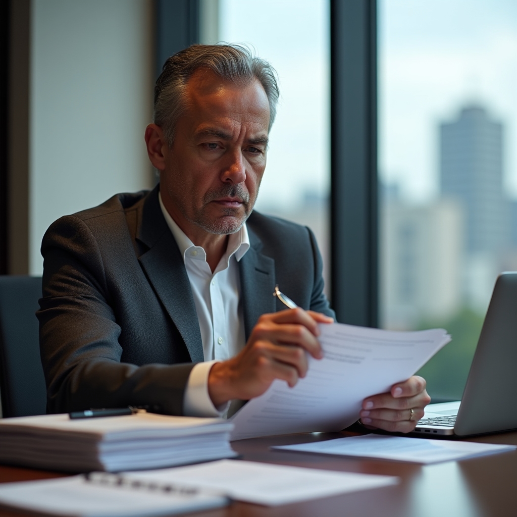 Professional reviewing regulatory documents related to Chilean financial market oversight